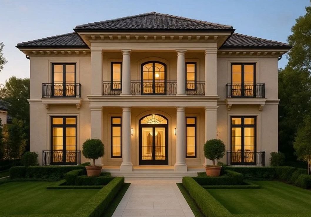 تصور لفيلا سكنية بطابقين بواجهة كلاسيكية وحديقة أمامية